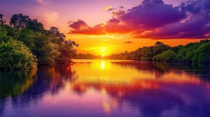 Fototapeta premium serene sunset over a tranquil river, reflecting vibrant hues of orange and purple in the water, framed by lush trees and soft clouds, creating a breathtaking natural landscape