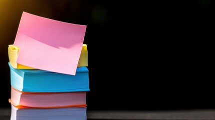 Stack of colorful sticky notes with blank pink note on top against a black background. Office and stationery concept.