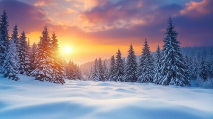Fototapeta premium serene winter landscape showcasing a snow-covered pine forest with a breathtaking sunset sky, perfect for christmas and new year greetings, radiating peacefulness