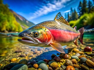 Fototapeta premium Steelhead Trout Photography: River, Nature, Wildlife, Fish, Underwater, Aquatic, Stream, Salmonidae, Close-up, Macro, Detailed, Oregon, Pacific Northwest, Fish Portrait, Wildlife Photography, 