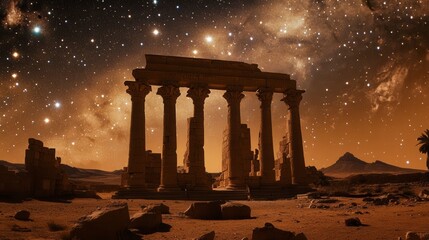 Fototapeta premium Enigmatic Ancient Ruins Under a Cosmic Sky with Stars and Galaxies Illuminating Historical Columns in a Mystical Desert Landscape