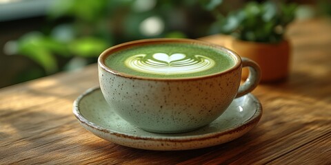 A cup of hot matcha coffee with creamy froth. Vibrant green tones with a smooth and velvety texture. Perfect for café branding and wellness themes