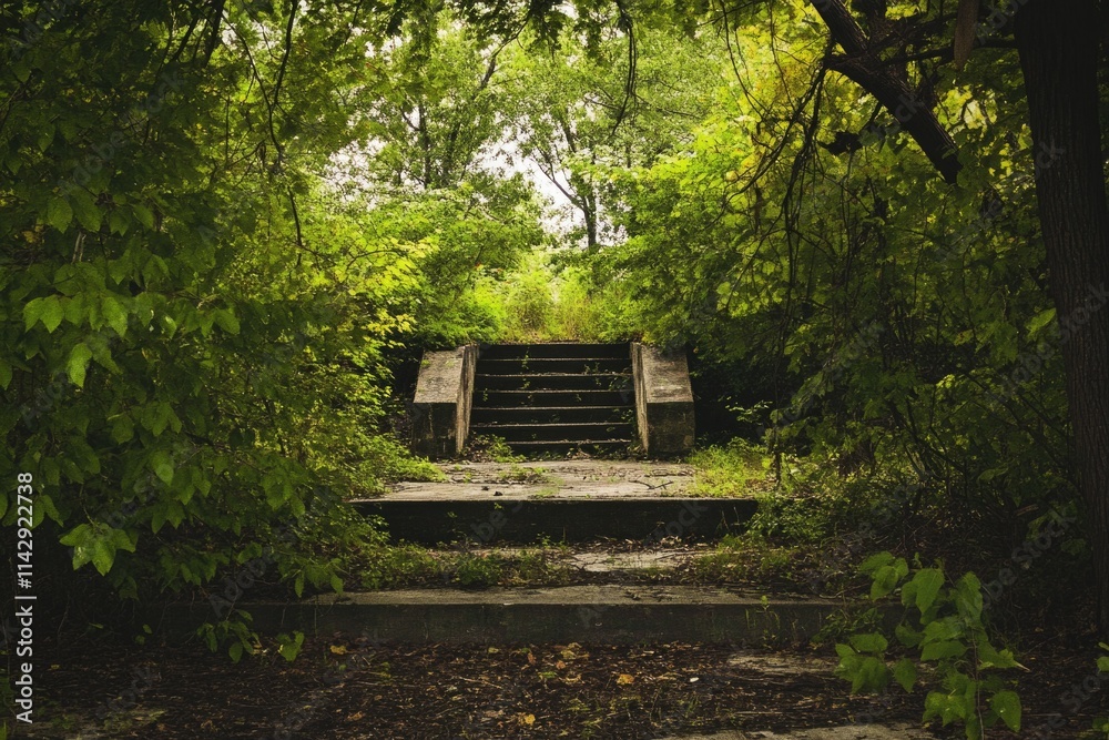 Poster a scenic staircase amidst trees in a dense forest
