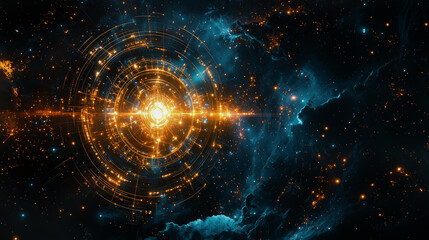 Mystic astrology backdrop with swirling cosmic elements and radiant energy in a dark atmosphere