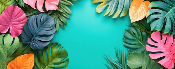 Naklejka premium Colorful tropical leaves arranged on turquoise background with copy space.
