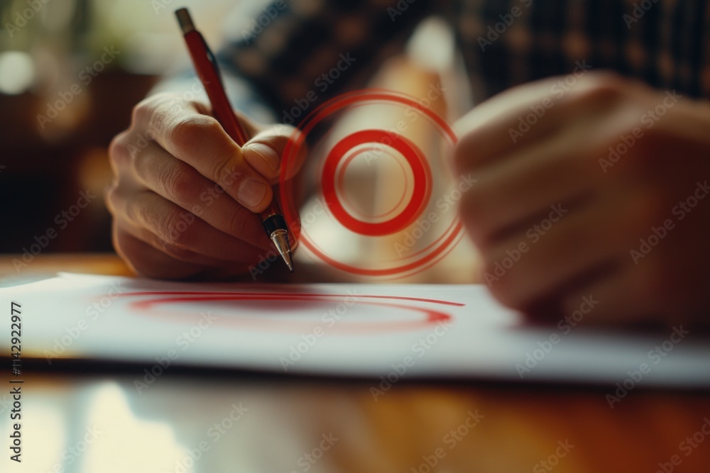 Poster person taking notes by hand using a red pen