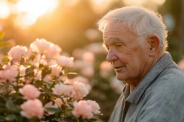 An elderly man with pale skin admires blooming flowers in a serene garden, reflecting on spring vitamin deficiency during a golden hour. Nature heals and rejuvenates the spirit.