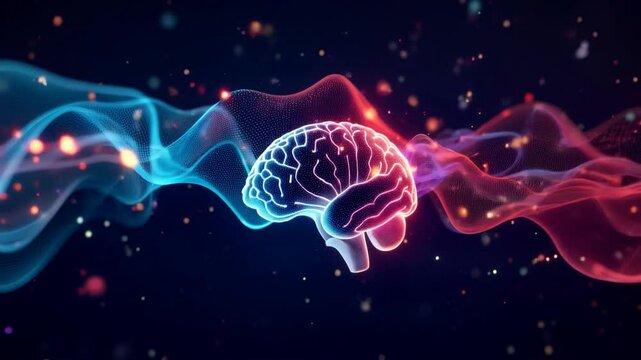 Vibrant neural waves: dynamic brain with neon light patterns