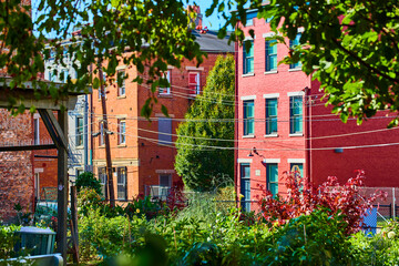 Community Garden and Red Brick Buildings in Cincinnati Over-the-Rhine Eye-Level