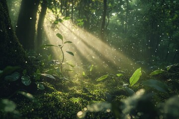 Obraz premium Sunlight breaking through morning fog in a dense forest, highlighting dew-covered leaves and mossy trees, serene and untouched environment, ultra-realistic photography 