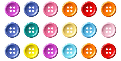 an assortment of colorful plastic buttons. arranged in three rows of six. against a transparent background each button is a different color. and all feature four holes