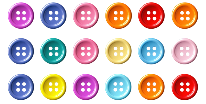 an assortment of colorful plastic buttons. arranged in three rows of six. against a transparent background each button is a different color. and all feature four holes