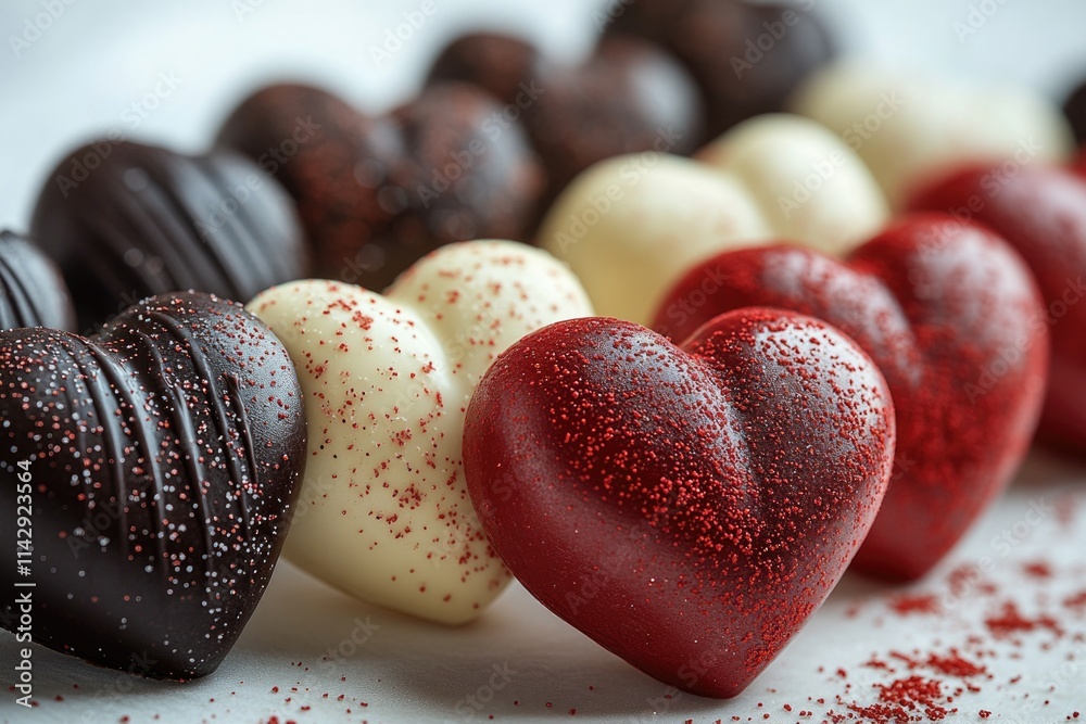 Poster A row of colorful chocolates with red sprinkles, ideal for use in food or gift related contexts
