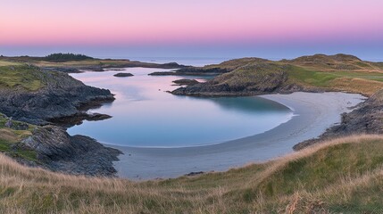 Serene Coastal Landscape at Twilight with Calm Water and Gentle Hills Under Soft Pink and Blue Sky, Ideal for Nature and Travel Themes