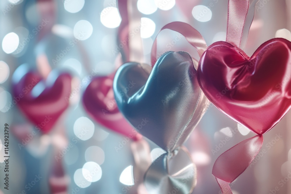 Poster a collection of colorful hearts suspended from a twine
