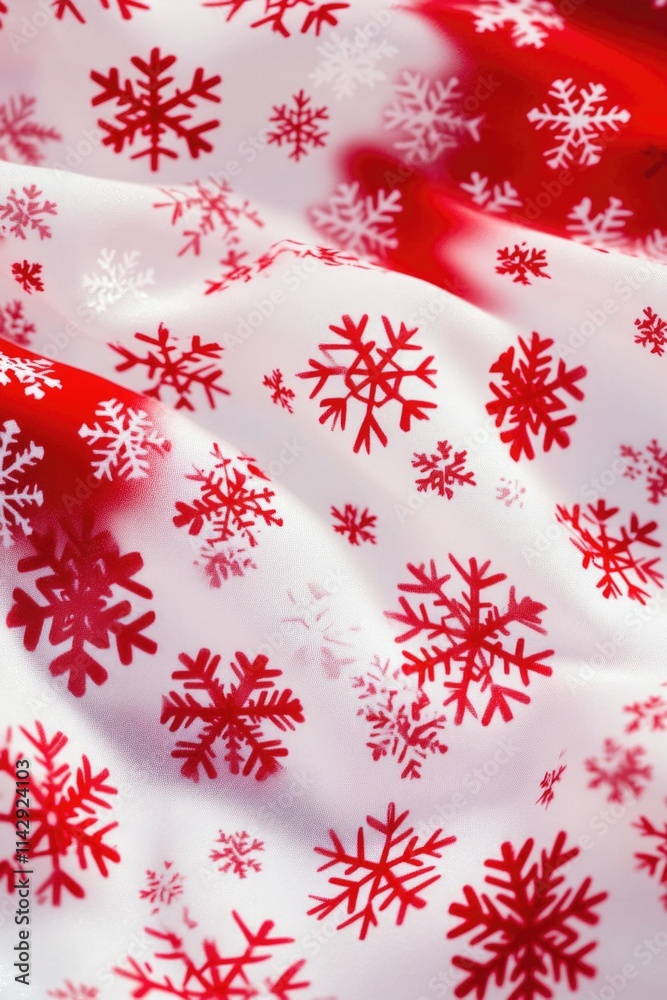 Poster a close-up of a red and white snowflake print fabric