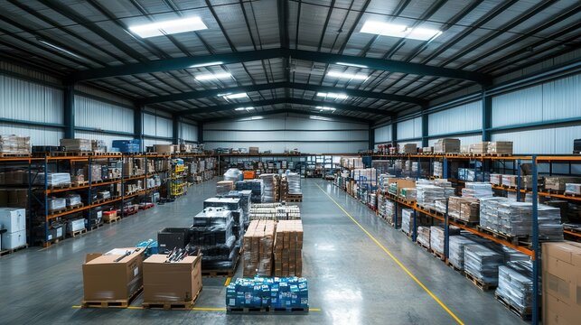 sleek and spacious modern warehouse interior, featuring clean lines and ample lighting, creating a sense of vastness and efficiency, ideal for industry and storage