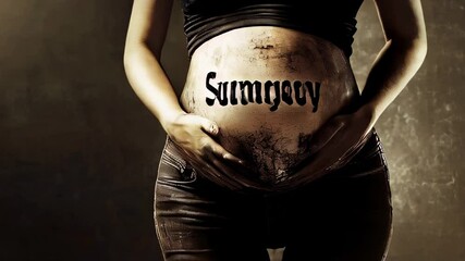 Surrogacy portrayed with a pregnant woman\'s belly displaying the word surrogacy in a creative and artistic manner