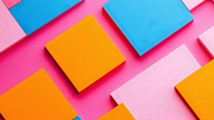 A vibrant abstract painting with a pink background and bold orange and blue squares  -