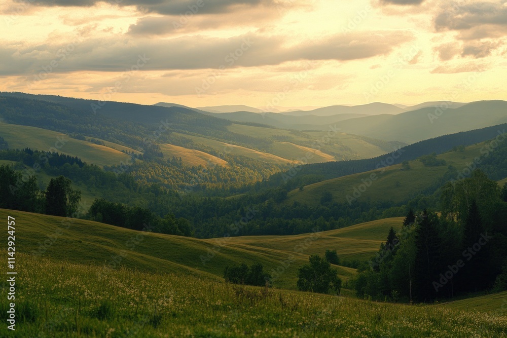 Poster a serene valley landscape with trees in the foreground, perfect for use in travel or nature-themed p