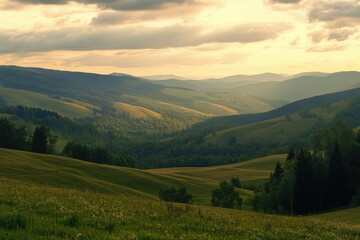 Fototapeta premium A serene valley landscape with trees in the foreground, perfect for use in travel or nature-themed projects