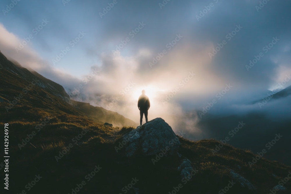 Poster a person stands at the summit of a mountain with breathtaking scenery in the background