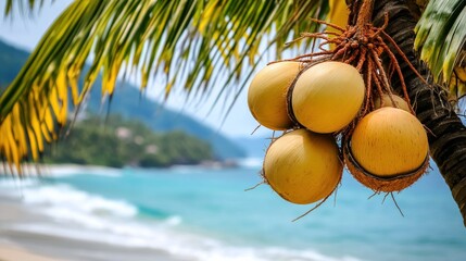 Obraz premium Cluster of yellow coconuts hanging from palm tree near tropical beach.