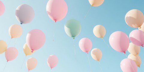 Pastel colored balloons floating against a clear sky, bright,backdrop,card