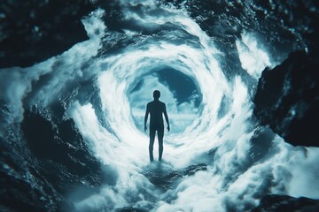 Obraz premium A person standing in a darkened tunnel with blurred surroundings