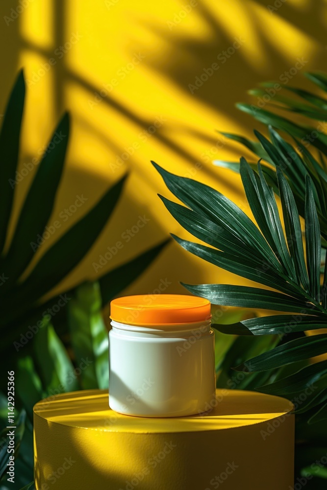 Poster a jar of cream sits on top of a yellow table, awaiting use