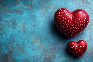 Fototapeta premium Couple of red hearts sitting on a blue background, perfect for Valentine's Day or love-themed designs