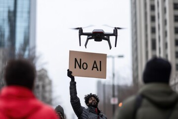 Activist protesting against artificial intelligence and showing a sign no ai with a drone flying above