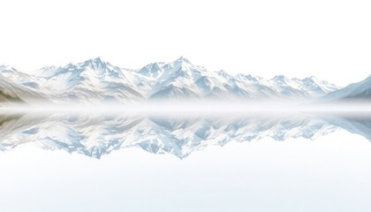 Fototapeta premium Serene mountain lake reflects snow-capped peaks. Pristine winter landscape. Calm water mirrors alpine scenery. Foggy atmosphere. Tranquil scene. Peaceful nature view. Perfect for travel brochure.