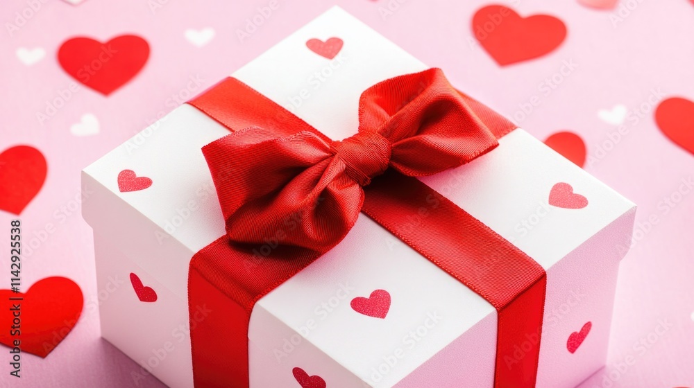 Poster a white gift box with a red ribbon tied in a bow on a soft pink background, ideal for packaging or w
