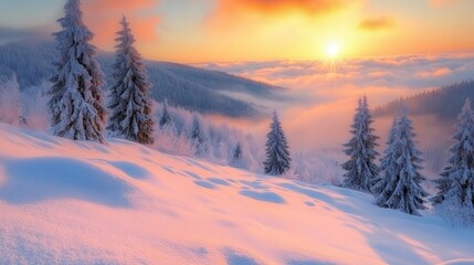 snow blankets the majestic fir trees in the carpathian mountains, portraying a serene winter landscape that evokes a sense of peace and untouched beauty