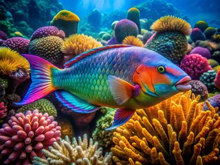 Stunning Aerial Drone Shot of Parrotfish in Vibrant Coral Reef - Underwater Paradise