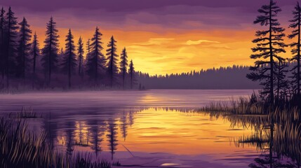 Obraz premium Tranquil Sunset Over a Serene Lake with Reflective Water Surrounded by Tall Trees and Vibrant Skies, Perfect for Nature Lovers and Environmental Themes