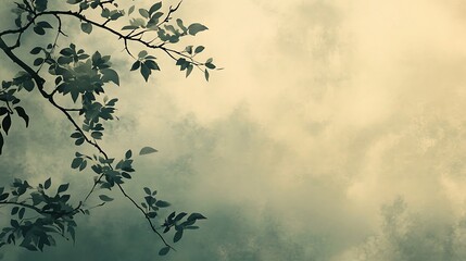 Silhouetted Branch With Leaves Against A Misty Sky