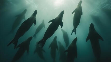 Fototapeta premium Silhouetted seal colony swimming underwater, sunlit ocean.