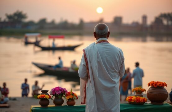 Indian man in traditional attire participates in pitru paksha ceremony by river. People gather for Hindu ancestral rites during sunrise. Floral offerings placed on table by water. Religious ceremony
