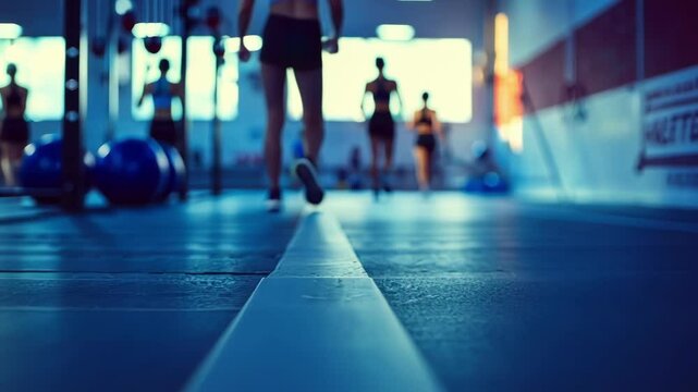 Blurry shapes strive for their fitness goals in an indoor bootcamp setting.