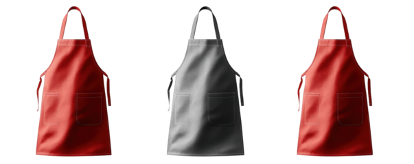 three blank aprons in red. grey and red on a transparent background