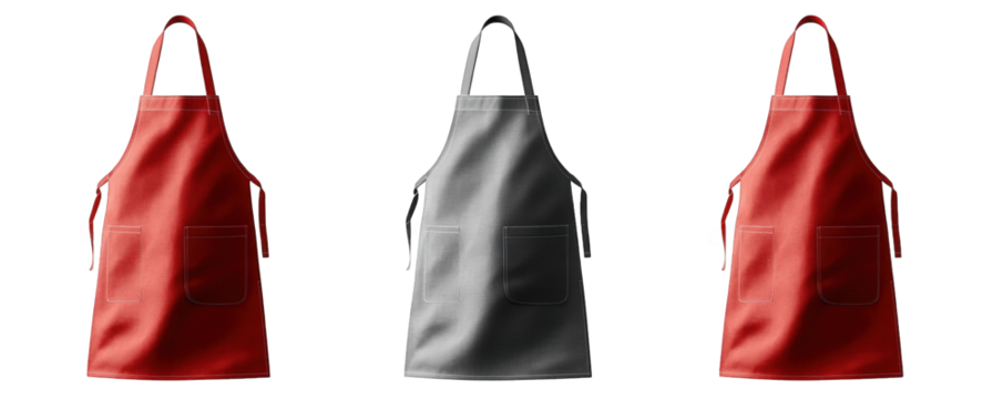 three blank aprons in red. grey and red on a transparent background - Powered by Adobe