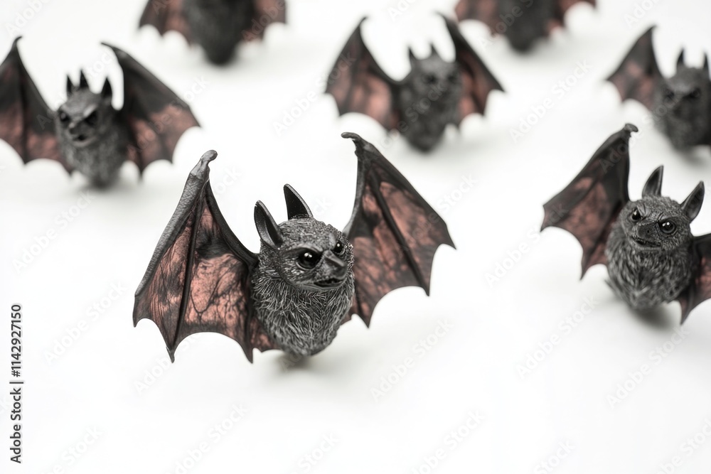 Poster a close-up image of a group of bats hanging from a white surface, ready to take flight