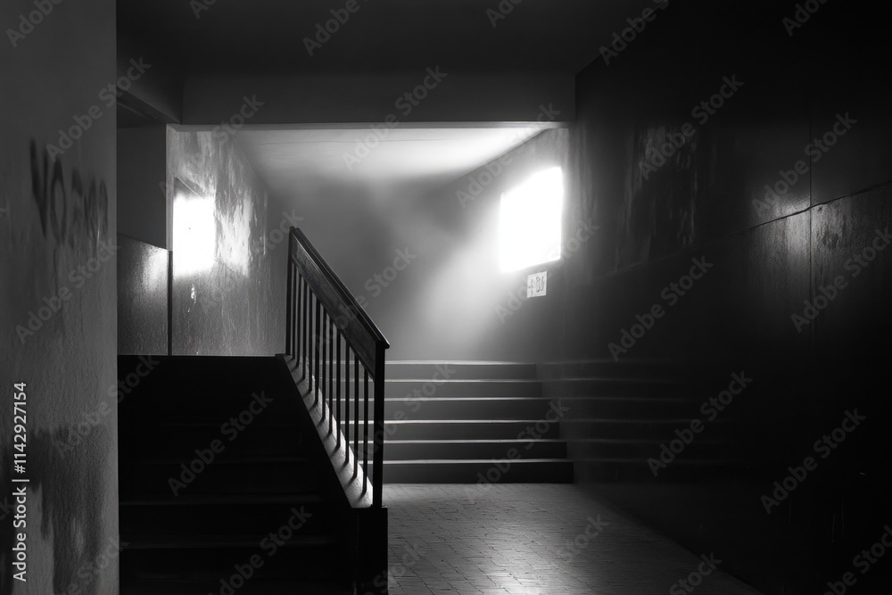 Poster a dimly lit hallway with stairs leading up, illuminated by a light coming from a window