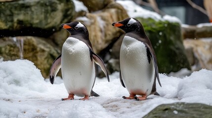 Obraz premium Two gentoo penguins standing on snow.