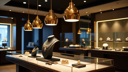 Sophisticated and Elegant Luxury Modern Jewelry Store Interior, Featuring Gleaming Display Cases, Refined Lighting, and Exquisite Jewelry Pieces in a Contemporary Setting