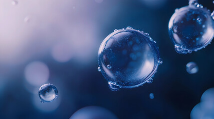 Abstract blue-toned spheres and bubbles, offering a macro photography perspective of water droplets...