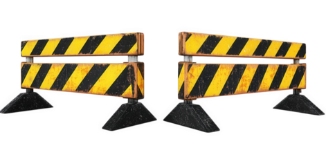 two yellow and black construction barriers with black triangular bases isolated on transparent background