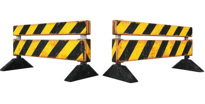 two yellow and black construction barriers with black triangular bases isolated on transparent background